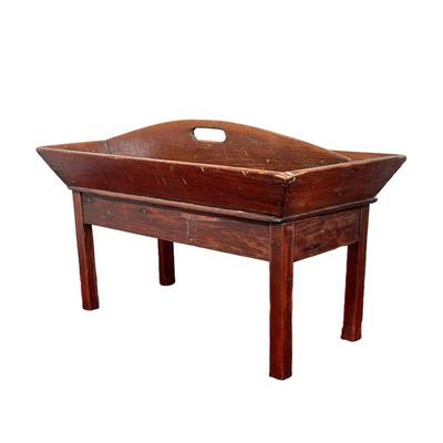 ANTIQUE TRAY COFFEE TABLE | Low coffee table with large wooden tray top with divider down middle with handle. - l. 34 x w. 18.5 x h. 20 in

