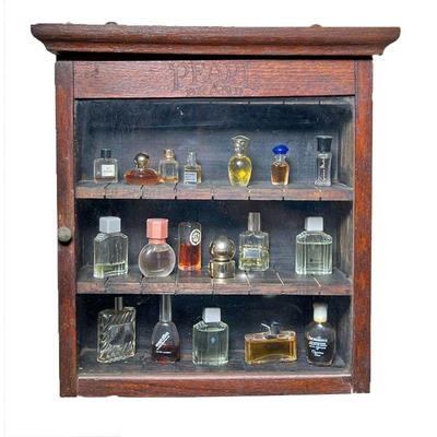 MINIATURE DISPLAY CABINET | Filled with miniature perfumes including; Chanel, Germaine and more. - l. 12 x w. 4.5 x h. 13 in
