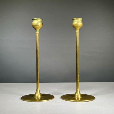 (2PC) PAIR SIGNED BRASS CANDLESTICKS | early 20th-century art nouveau style candlesticks, indistinctly signed on the base. - h. 11 in
