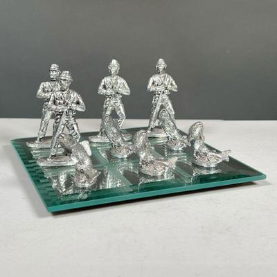 FISHERMAN & FISH PEWTER TIC-TAC-TOE | Having for Peter figures of fisherman with real and five Peter figures of a fish on a mirrored...