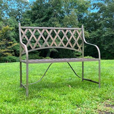 METAL PARK BENCH | Woven metal park bench with rounded arms and cross-hatched back. - l. 40.25 x w. 18 x h. 38.5 in
