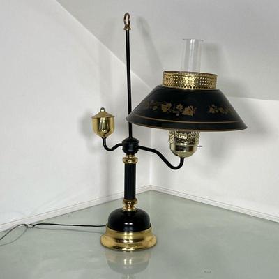 BLACK BRASS AND STENCIL STUDENT LAMP | Black and brass electrified student oil lamp with leaf stencil pattern on lamp shade. - l. 18 x w....