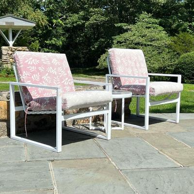 (3PC) MEDALLION LEISURE FURNITURE ALUMINUM PATIO | Including two armchairs, and a matching round table with a pebble glass top. - l. 27 x...