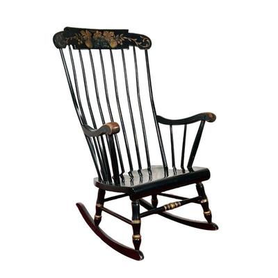 BLACK STENCIL ROCKER | Black curved back rocking chair with stencil worktop and legs. - l. 28.5 x w. 26 x h. 42 in
