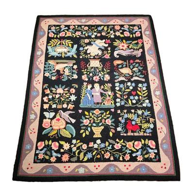 AMERICAN PICTORIAL HOOKED RUG | Showing birds among flowers and vines with an amorous couple and Cupid signedâ€ CMâ€. - l. 74 x w. 55 in
