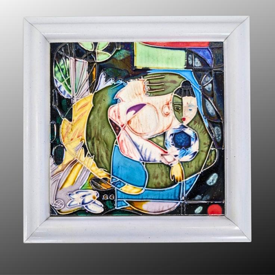 Signed Early Lee Mero Cubist Tile - Framed Asian Couple Embracing