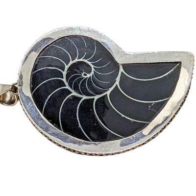 Sterling and Nautilus Spiral Shell Pendant Signed JB