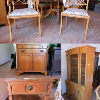 Blonde Oak Dining Suite, Table with cover pad and extra leaf, 6 chairs, Sideboard, Hutch and Chest, wheeled Tea Table, all matching.