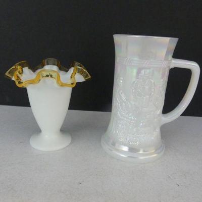 Vintage Fenton Amber/Gold Crested Vase and Federal Glass Iridescent Colonial Tavern Scene Stein