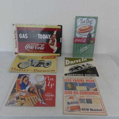 5 Reproduction Metal Signs and 2005 Pin Up Anthology Calendar with Images From Yesteryear