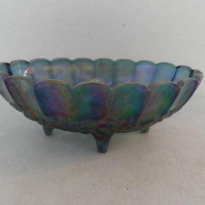 Vintage Indiana Glass Blue Iridescent Carnival Glass Grape Footed Oval Fruit Bowl 