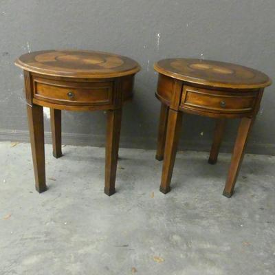 Pair of Cherry Stain Finish Round End Tables with Inlay Wood Top
