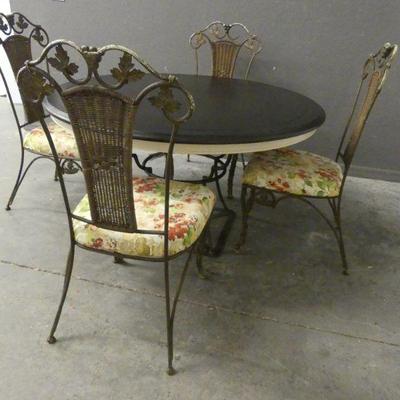 Vintage Wrought Iron Outdoor Table with Wood Top and 4 Upholstered Seat Chairs