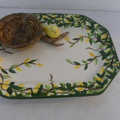 Vintage Cali Pottery Chip & Dip Platter with Adorable Yellow Bird & Nest