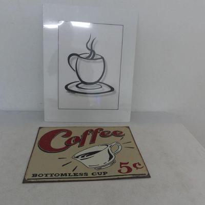 Signed Backer Coffee Cup Print (Sealed) and Schonberg Sign Art Metal Coffee Sign