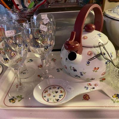 Pansy decorated Tea Pot, spoon rest, glassware and strainer