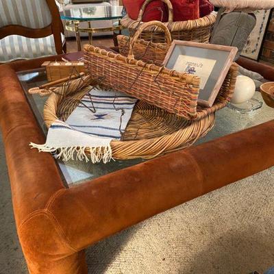 1980's Huge square glass coffee table wrapped in burnt orange suede 