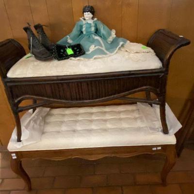 Ethan Allen bench, Bamboo style bench and Antique Porcelain Doll