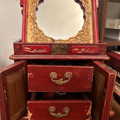 Vintage Oriental Jewelry Chest w/drawers open and mirror extended