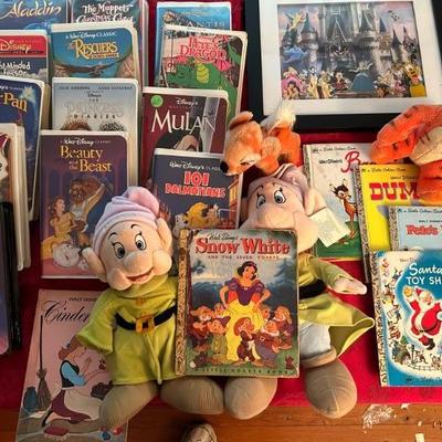 Disney VHS tapes, Disney Little Gold Book, stuffed animals
