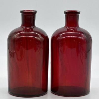 (2) Ruby Red Glass 9in Apothecary Bottles