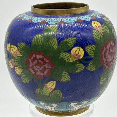 Vintage CloisonnÃ© Vase, Blue w/ Flowers