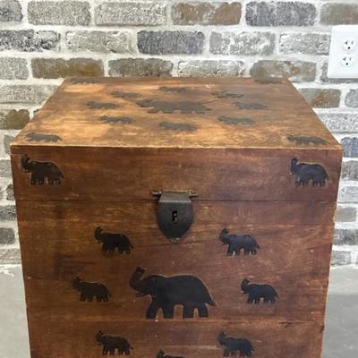 Wooden Cube Chest w/ Inlaid Elephants