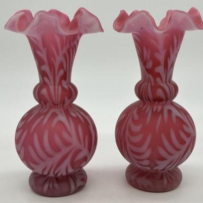 (2) Vtg. Fenton Cranberry Satin Finish Fern Vases