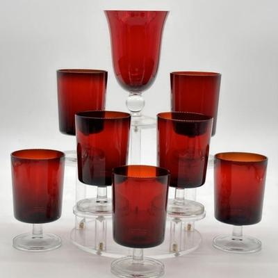(8) Ruby Red w/ Clear Glass Stems, 1 is Mismatched