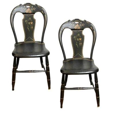 Lot 003 
Circa 1840-1850 Pennsylvania Plank Back Black and Floral Chairs Two (2)