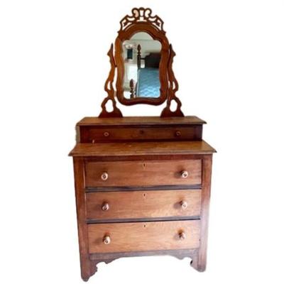 Lot 032  
Antique Walnut Chest Of Drawers with Tilt Top Mirror