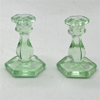Lot 282K 
Set of Two Antique Fenton Green Depression Glass Miniature Candlestick Holders