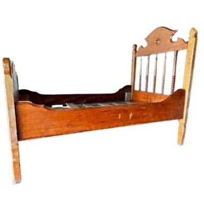 Lot 196  
Antique Maple Turned Spindle Carved Toddler Bed