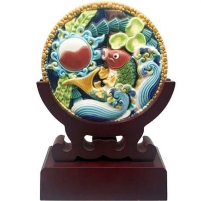 Lot 021K  
Multi-color Koi Fish Glazed Ceramic Plaque Art with Wood Stand