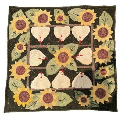 Lot 023-138B   
Handmade Hen and Sunflower Wool Hooked Tapestry