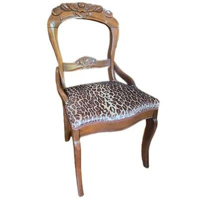 Lot 010 
Antique Carved Balloon Back Side Chair with Leopard Print Seat