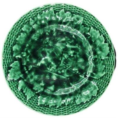 Lot 018-K  
Antique Majolica Green Basket Weave and Leaves Plate