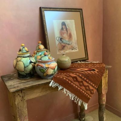 Hand painted Mexican pottery, mesquite  table, signed DeGracia