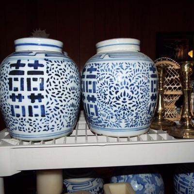 ASIAN BLUE AND WHITE PORCELAIN GINGER JARS, PLANTERS AND MORE