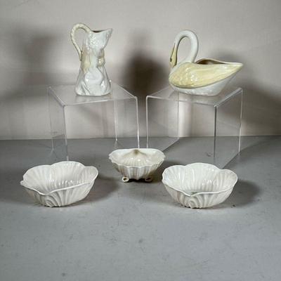 (5pc) Belleek & Other | Including a Belleek figural open creamer and a swan form open sugar or bowl; plus two Irish Parian ware bowls...