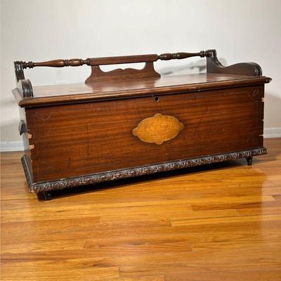 Wood Storage Chest | Storage chest / bench with carved wood edge and contrasting panel. - l. 44.75 x w. 20 x h. 21.75 in 