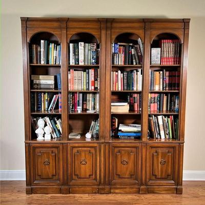(2pc) Pair Bookcase Cabinets | A set of two matching arched bookcases over double cabinet doors. - l. 36 x w. 15.25 x h. 78.5 in (each) 