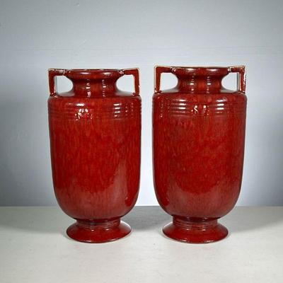 (2PC) RED CERAMIC VASES | Global Views, with flambe glaze. - h. 16 x dia. 8.5 in (each) 