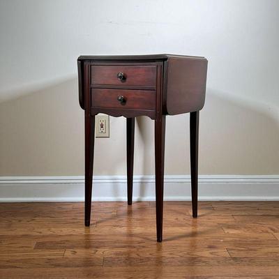 Wood Side Table | Or sewing stand, with drop leaf sides and two drawers. - l. 16 x w. 15 x h. 28 in (With leaves down) 
