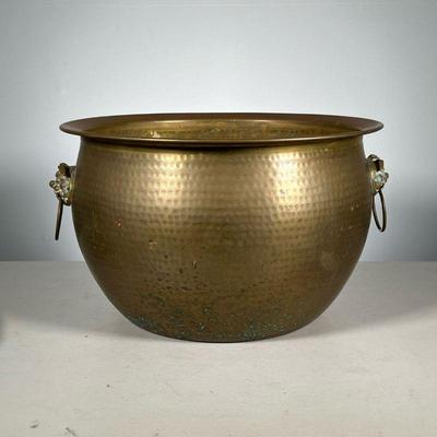 Hammered Copper Basin | Copper with brass tone, overall hammered with lion's head pulls. - h. 9.25 x dia. 14.75 in 