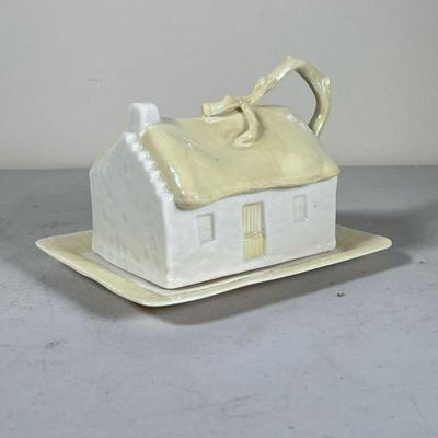 Belleek Butter Dish | Irish Cottage form covered butter dish with a branch form handle. - l. 6.5 x w. 5 x h. 4.5 in 