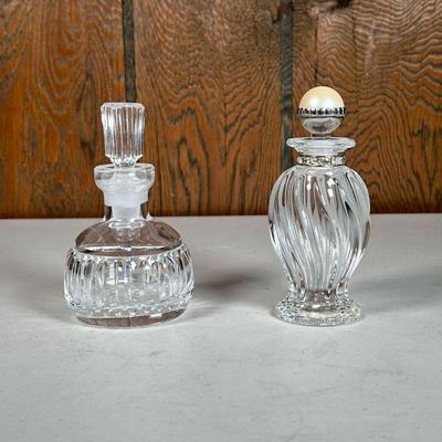  (2pc) Glass Perfume Bottles | One with swirled design and Czech crystals. - h. 5 x dia. 2.25 in (largest) 