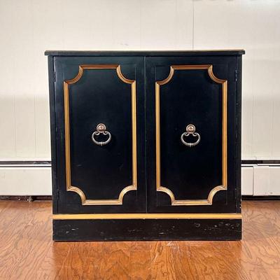 Black & Gold Cabinet | Small side / storage cabinet with double doors revealing an interior shelf. - l. 30 x w. 17 x h. 29 in 