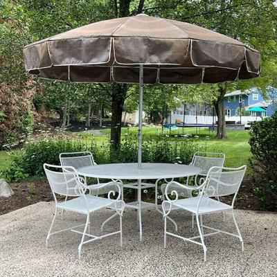 (6pc) Outdoor Dining Set | White coated outdoor dining suite comprising a round table, four armchairs with scrolled arms, and a Sunmaster...