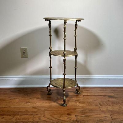 Brass Three-Tiered Stand | Plant stand or side table with Griffin crest motif. - h. 29.25 x dia. 14 in 
